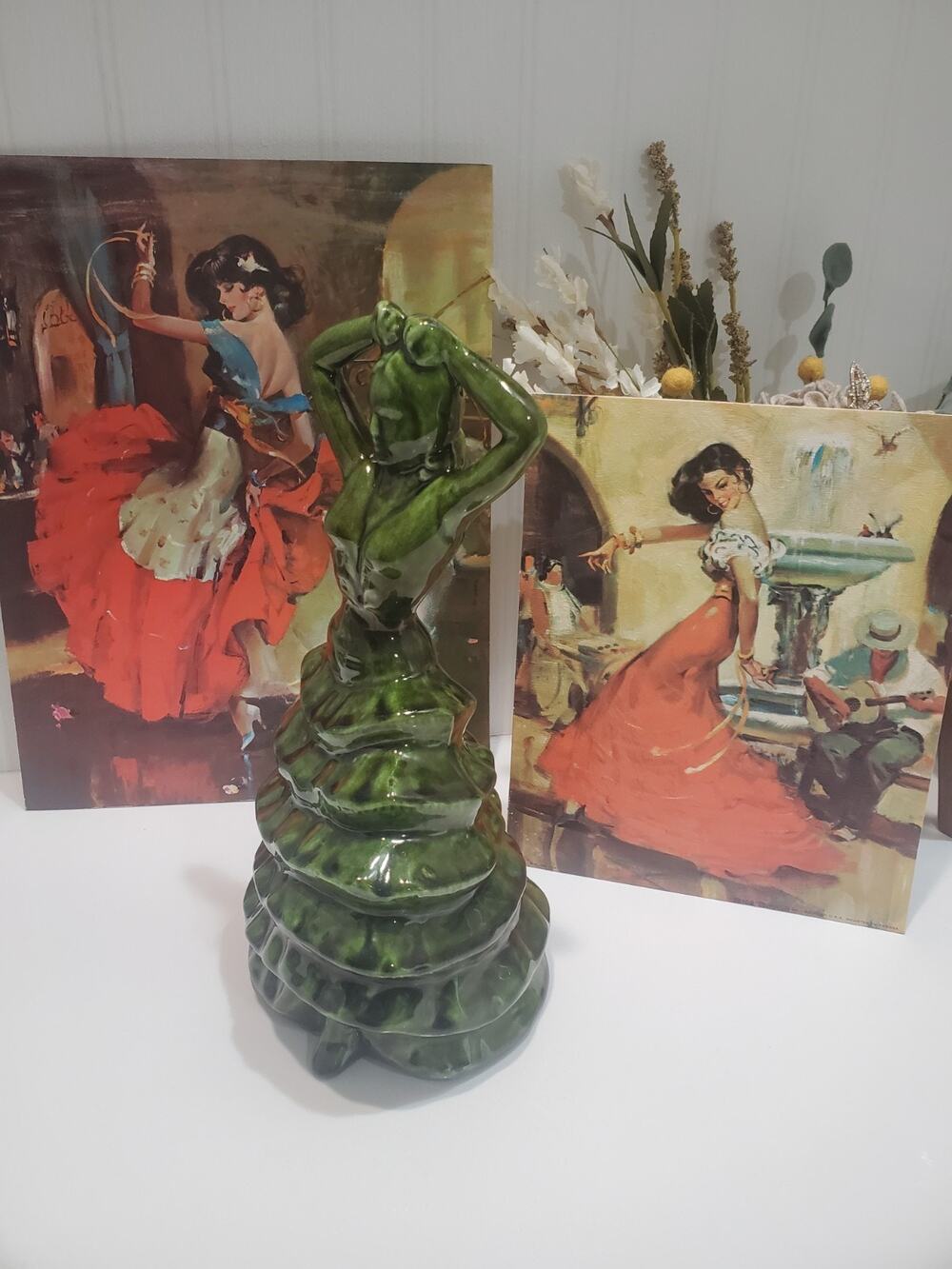 Rico Tomaso Prints And Vintage Green Glazed Chalkware Flamenco